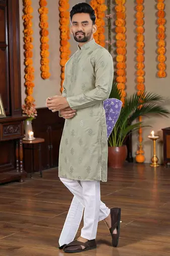  grey embroidered  silk only men's kurta