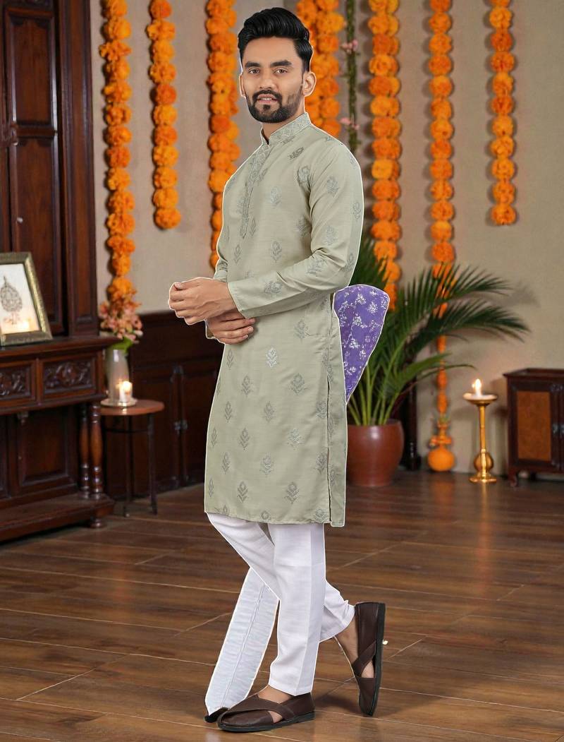  grey embroidered  silk only men's kurta