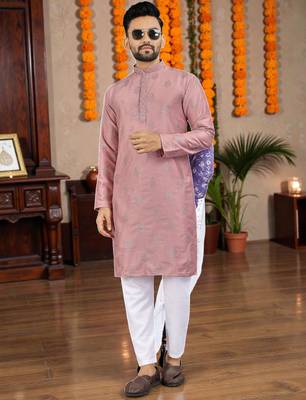  pink embroidered  silk only men's kurta 1