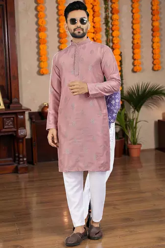  pink embroidered  silk only men's kurta