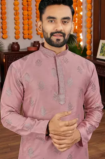  pink embroidered  silk only men's kurta