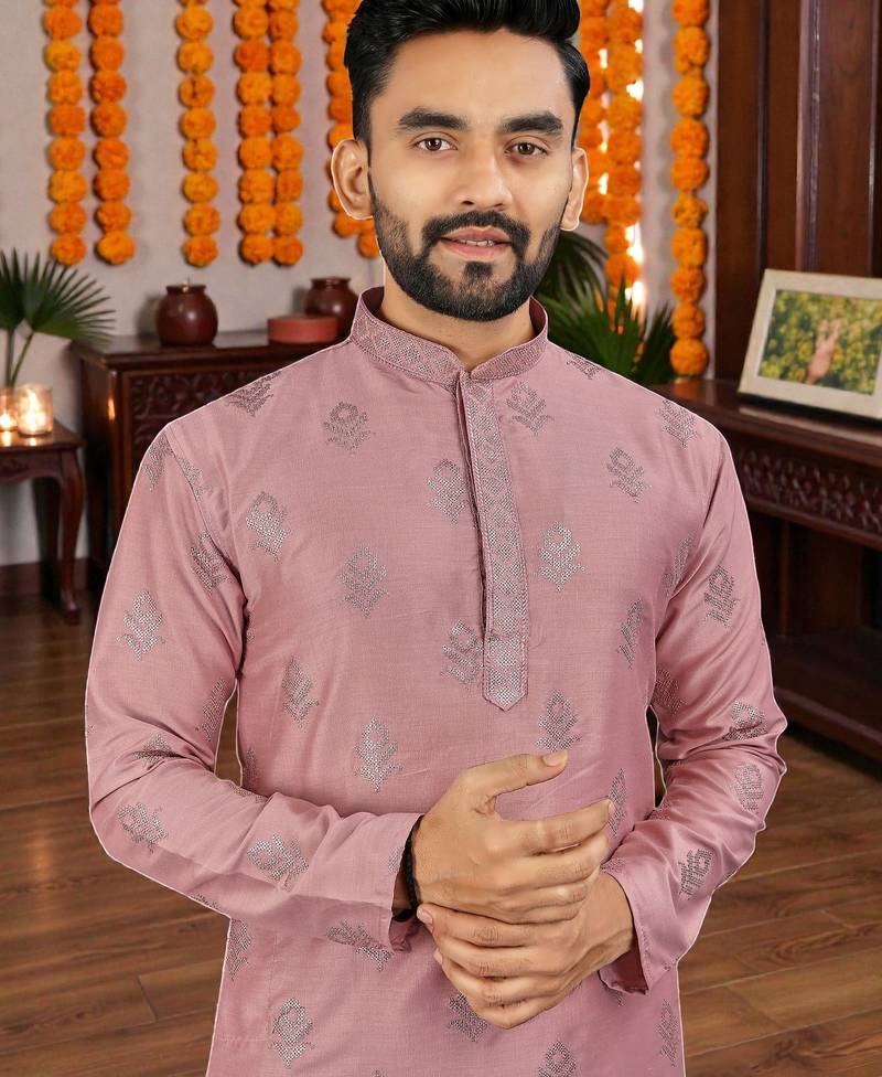  pink embroidered  silk only men's kurta