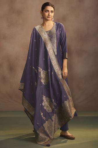 Women's lilac jacquard art silk straight kurta set with cotton bottom & silk blend dupatta