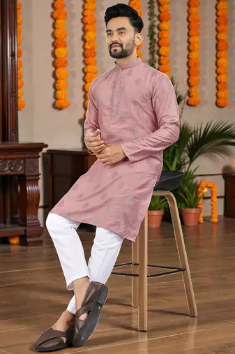  pink embroidered  silk only men's kurta