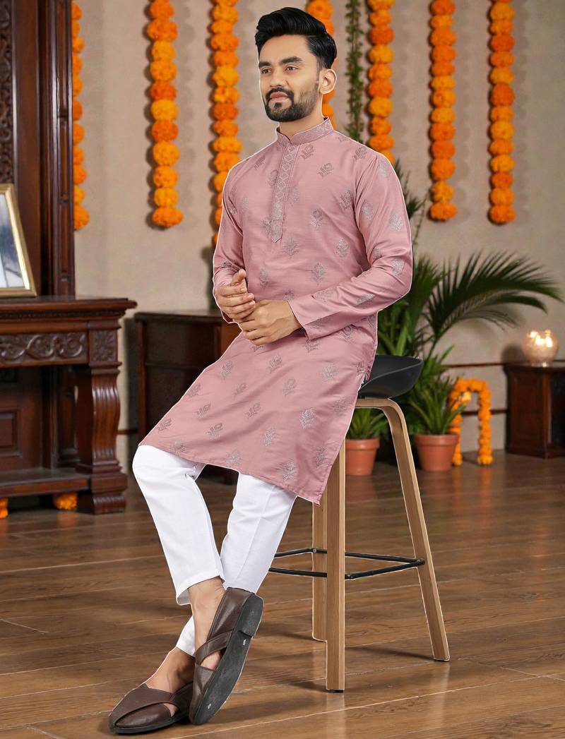  pink embroidered  silk only men's kurta
