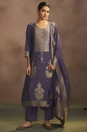 Women's lilac jacquard art silk straight kurta set with cotton bottom & silk blend dupatta