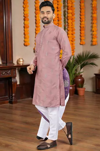  pink embroidered  silk only men's kurta