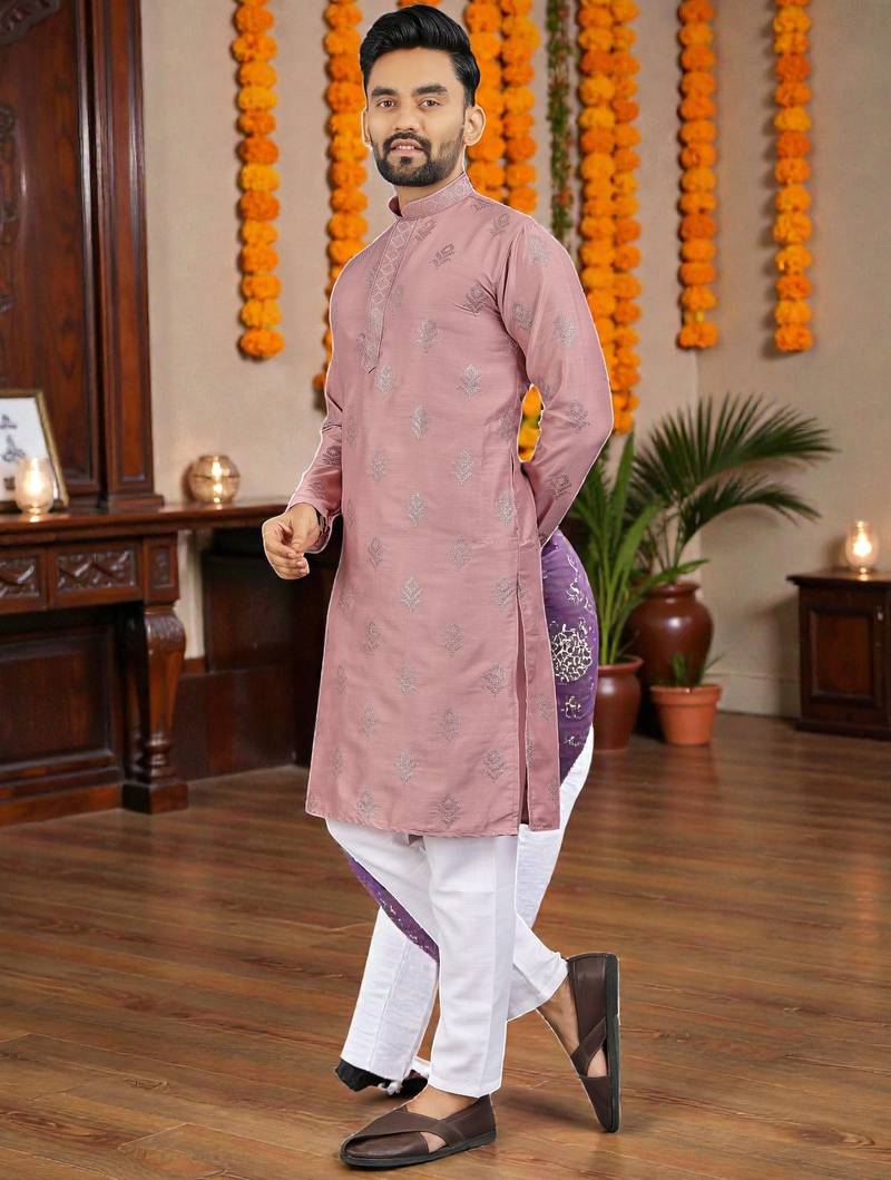 pink embroidered  silk only men's kurta