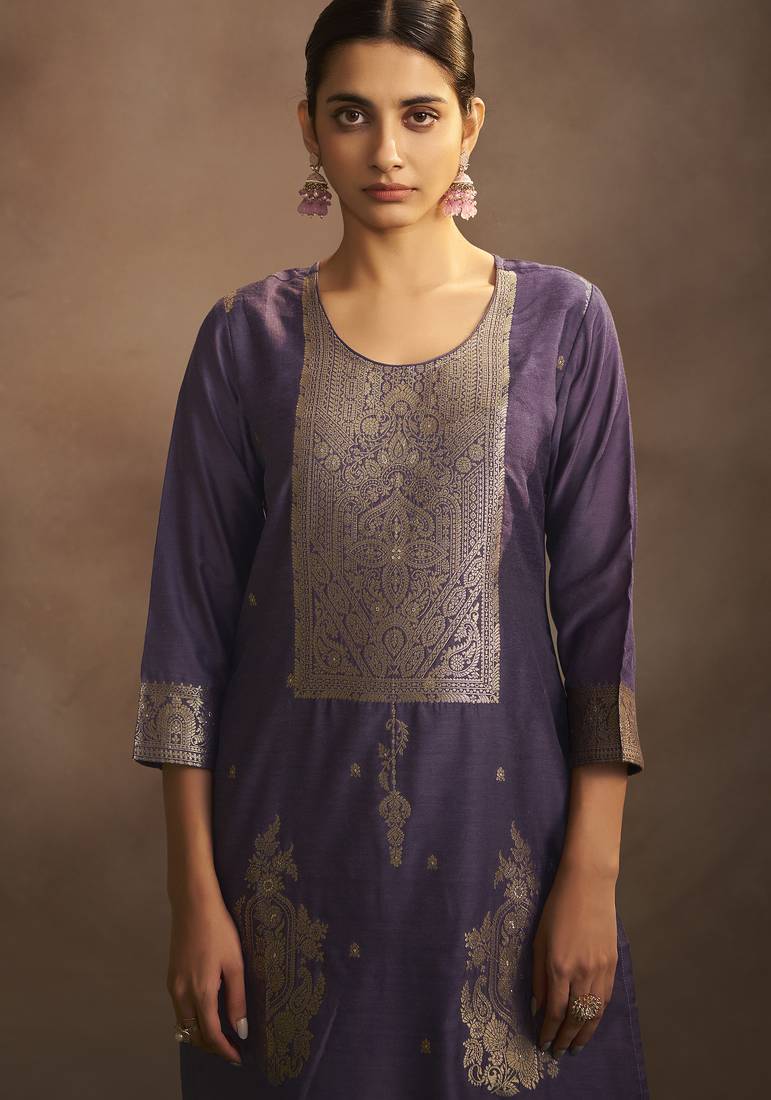 Women's lilac jacquard art silk straight kurta set with cotton bottom & silk blend dupatta