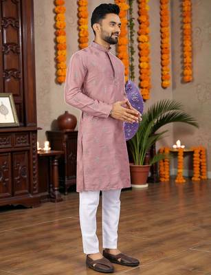  pink embroidered  silk only men's kurta 5