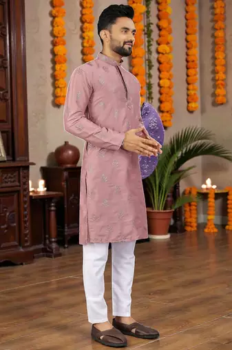  pink embroidered  silk only men's kurta