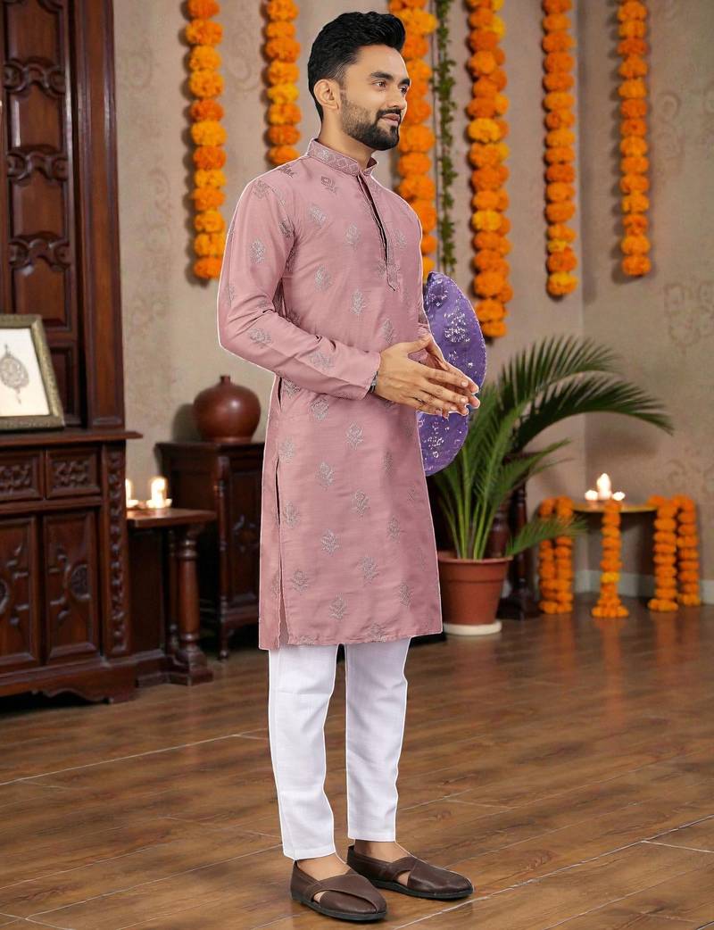  pink embroidered  silk only men's kurta