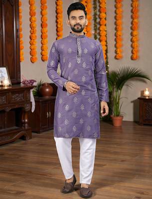  purple embroidered  silk only men's kurta 1