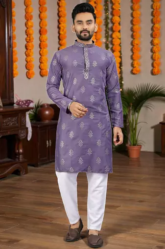  purple embroidered  silk only men's kurta