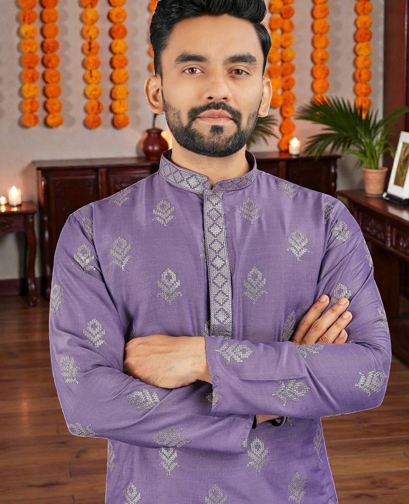  purple embroidered  silk only men's kurta