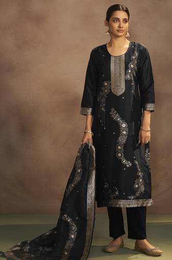 Women's black jacquard art silk straight kurta set with cotton bottom & silk blend dupatta