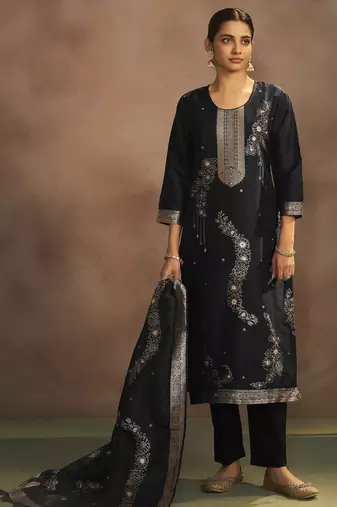 Women's black jacquard art silk straight kurta set with cotton bottom & silk blend dupatta