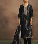 Women's black jacquard art silk straight kurta set with cotton bottom & silk blend dupatta