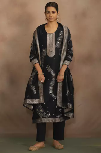 Women's black jacquard art silk straight kurta set with cotton bottom & silk blend dupatta