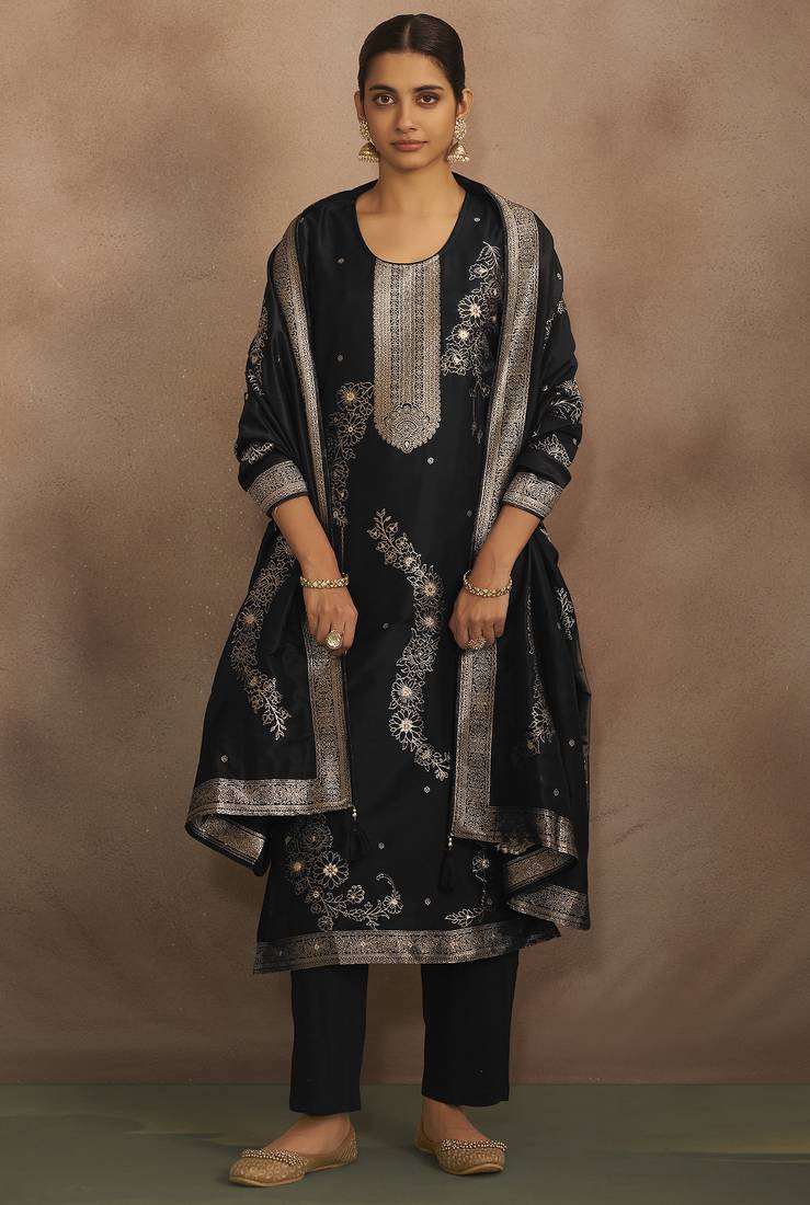Women's black jacquard art silk straight kurta set with cotton bottom & silk blend dupatta