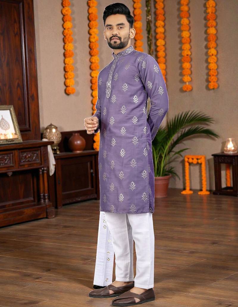 purple embroidered  silk only men's kurta