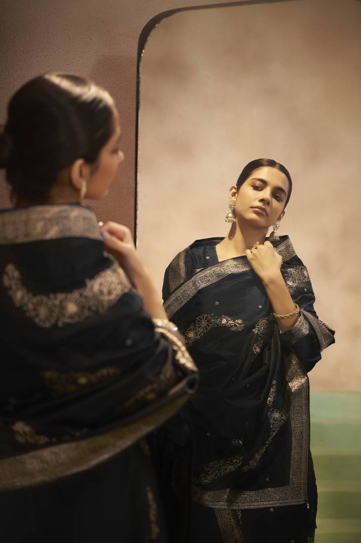 Women's black jacquard art silk straight kurta set with cotton bottom & silk blend dupatta