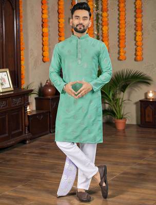  sea green embroidered  silk only men's kurta 1