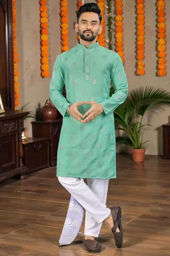  sea green embroidered  silk only men's kurta
