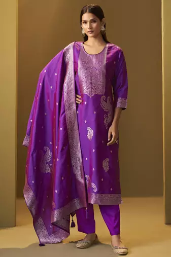 Women's purple jacquard art silk straight kurta set with cotton bottom & silk blend dupatta