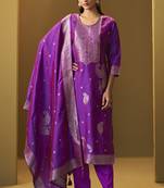 Women's purple jacquard art silk straight kurta set with cotton bottom & silk blend dupatta