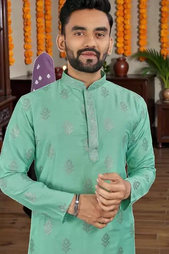  sea green embroidered  silk only men's kurta