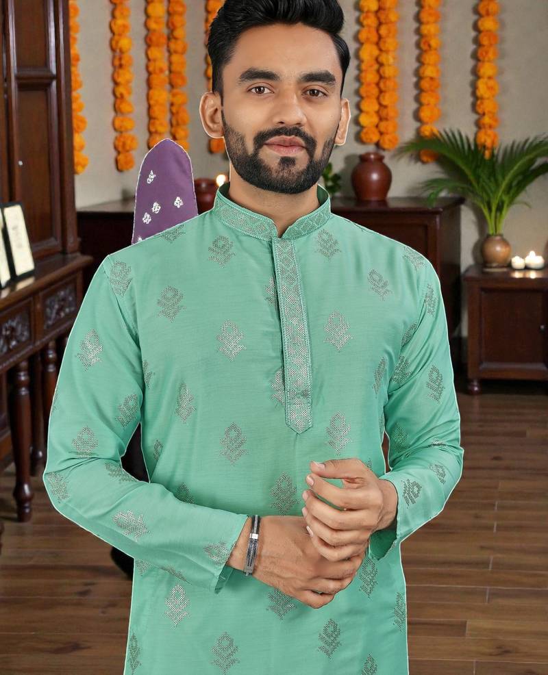  sea green embroidered  silk only men's kurta