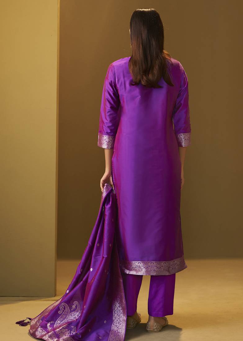 Women's purple jacquard art silk straight kurta set with cotton bottom & silk blend dupatta