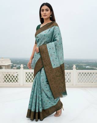 Sea green silk blend banarasi saree with unstitched blouse piece 2