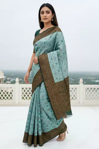Sea green silk blend banarasi saree with unstitched blouse piece
