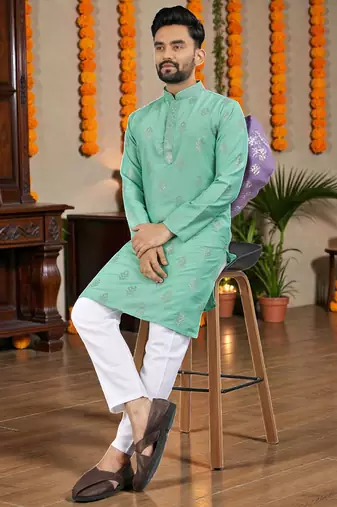  sea green embroidered  silk only men's kurta