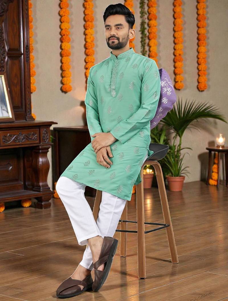  sea green embroidered  silk only men's kurta