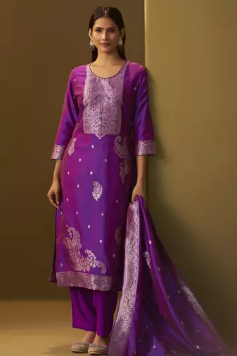 Women's purple jacquard art silk straight kurta set with cotton bottom & silk blend dupatta