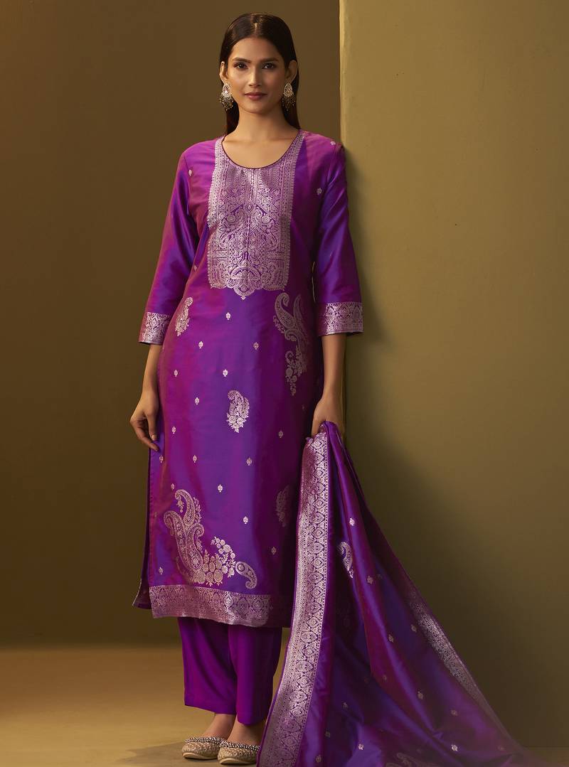 Women's purple jacquard art silk straight kurta set with cotton bottom & silk blend dupatta