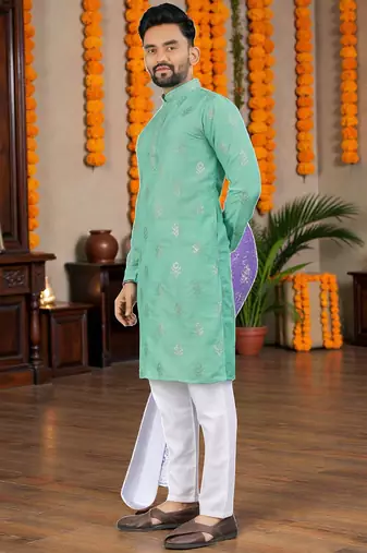  sea green embroidered  silk only men's kurta