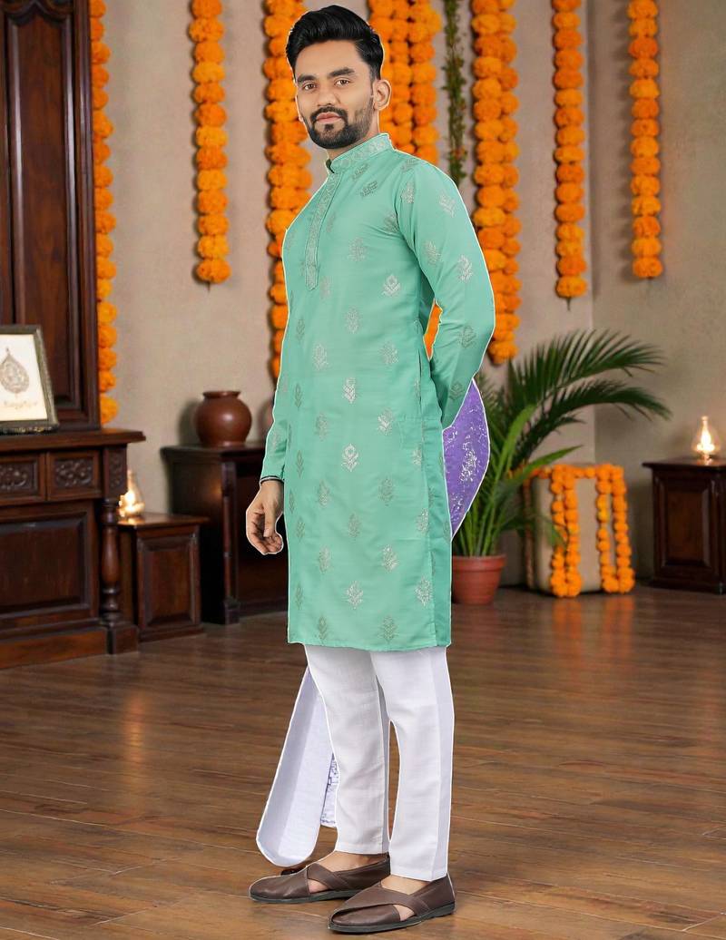  sea green embroidered  silk only men's kurta