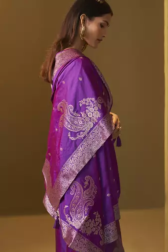 Women's purple jacquard art silk straight kurta set with cotton bottom & silk blend dupatta