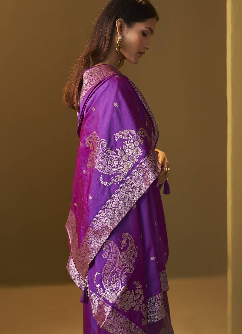 Women's purple jacquard art silk straight kurta set with cotton bottom & silk blend dupatta
