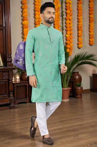  sea green embroidered  silk only men's kurta