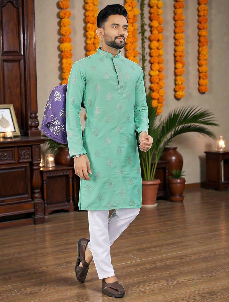  sea green embroidered  silk only men's kurta
