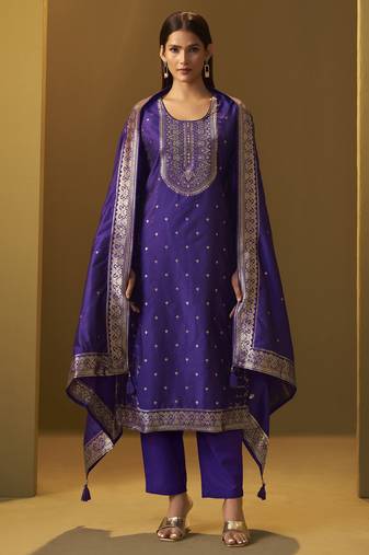 Women's navy blue jacquard art silk straight kurta set with cotton bottom & silk blend dupatta