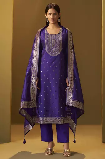 Women's navy blue jacquard art silk straight kurta set with cotton bottom & silk blend dupatta