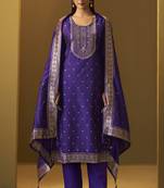 Women's navy blue jacquard art silk straight kurta set with cotton bottom & silk blend dupatta