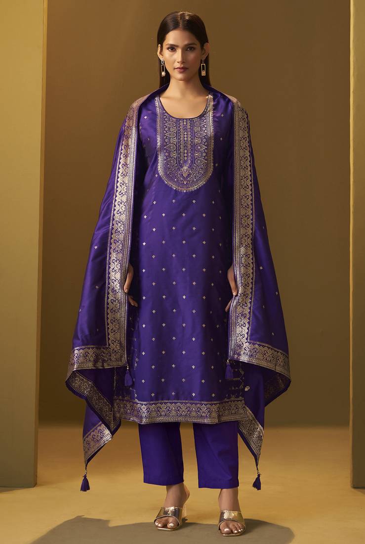 Women's navy blue jacquard art silk straight kurta set with cotton bottom & silk blend dupatta