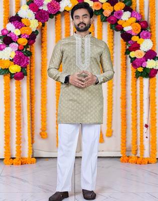 Wedding chiku embroidered  silk men's short kurta only 1